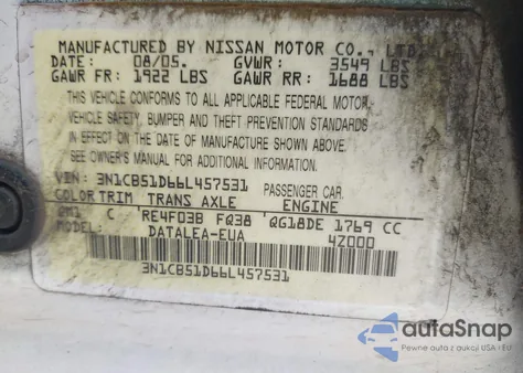 2006 Nissan Sentra 1.8S z USA, uszkodzony, nr VIN 3N1CB51D66L457531